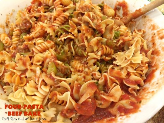 Four-Pasta Beef Bake | Can't Stay Out of the Kitchen | this quick & easy #Italian #pasta entree makes two casseroles. It's great for company or to provide a freezer meal to someone. #beef #groundbeef #cheese #mozzarellacheese #noodles #casserole