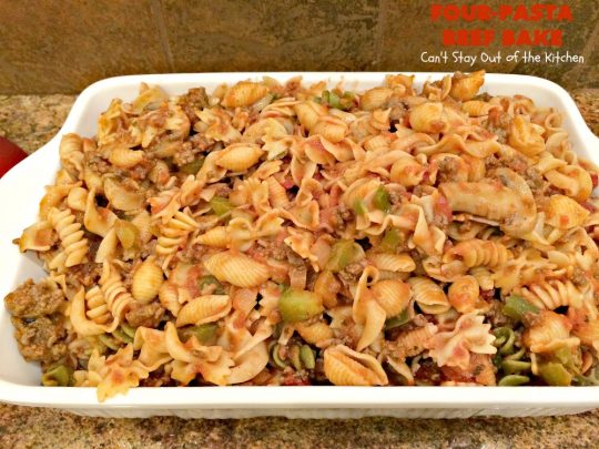Four-Pasta Beef Bake | Can't Stay Out of the Kitchen | this quick & easy #Italian #pasta entree makes two casseroles. It's great for company or to provide a freezer meal to someone. #beef #groundbeef #cheese #mozzarellacheese #noodles #casserole