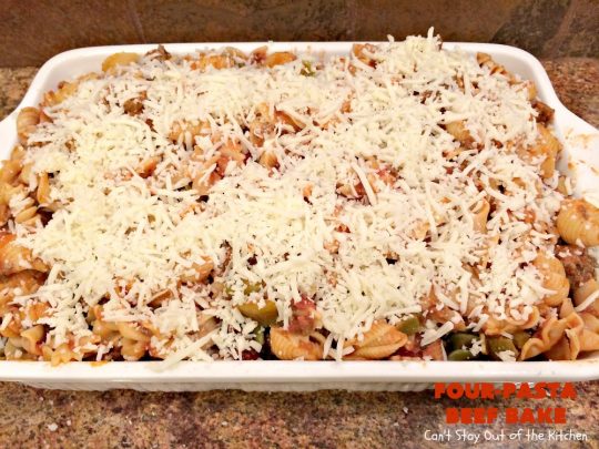 Four-Pasta Beef Bake | Can't Stay Out of the Kitchen | this quick & easy #Italian #pasta entree makes two casseroles. It's great for company or to provide a freezer meal to someone. #beef #groundbeef #cheese #mozzarellacheese #noodles #casserole