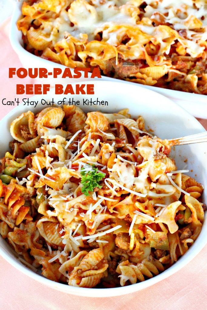 Four-Pasta Beef Bake | Can't Stay Out of the Kitchen | this quick & easy #Italian #pasta entree makes two casseroles. It's great for company or to provide a freezer meal to someone. #beef #groundbeef #cheese #mozzarellacheese #noodles #casserole