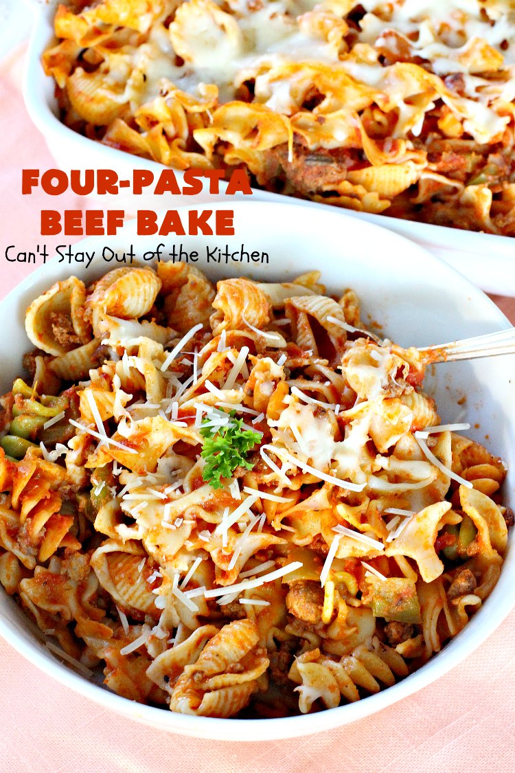 Four-Pasta Beef Bake | Can't Stay Out of the Kitchen | this quick & easy #Italian #pasta entree makes two casseroles. It's great for company or to provide a freezer meal to someone. #beef #groundbeef #cheese #mozzarellacheese #noodles #casserole