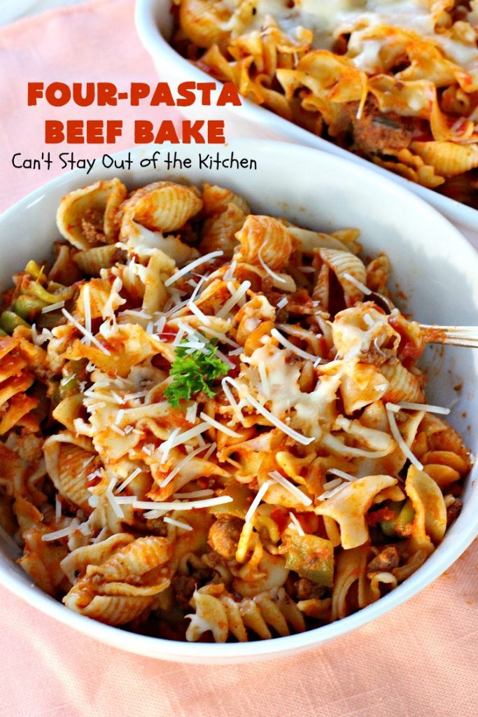 Four-Pasta Beef Bake | Can't Stay Out of the Kitchen | this quick & easy #Italian #pasta entree makes two casseroles. It's great for company or to provide a freezer meal to someone. #beef #groundbeef #cheese #mozzarellacheese #noodles #casserole