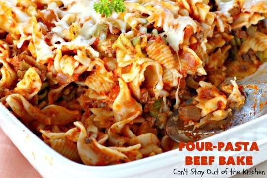 Four-Pasta Beef Bake | Can't Stay Out of the Kitchen | this quick & easy #Italian #pasta entree makes two casseroles. It's great for company or to provide a freezer meal to someone. #beef #groundbeef #cheese #mozzarellacheese #noodles #casserole