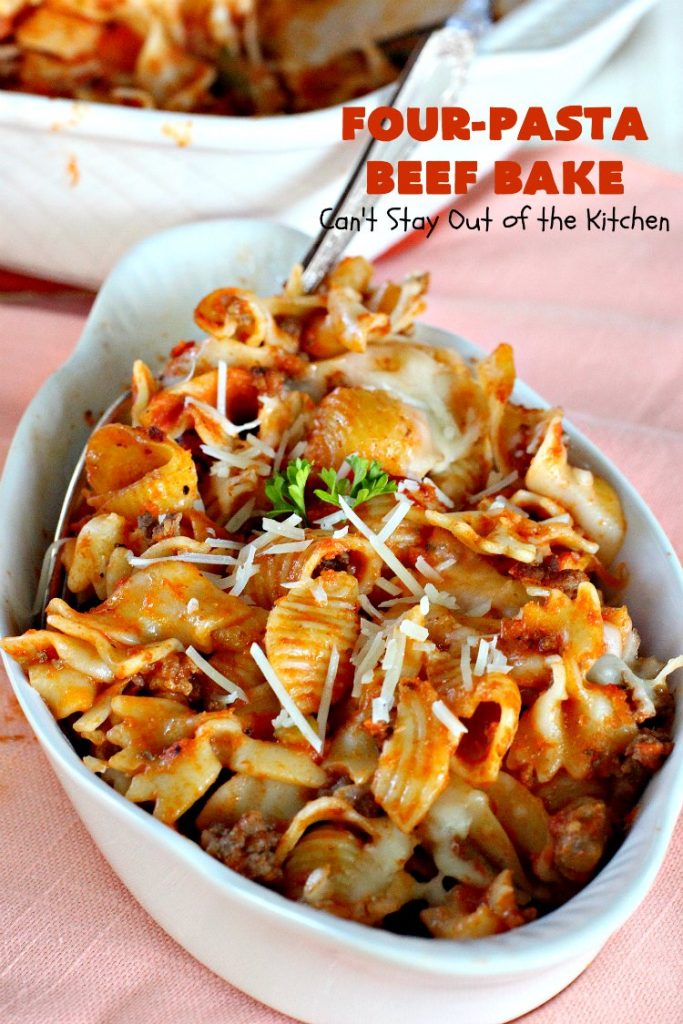 Four-Pasta Beef Bake | Can't Stay Out of the Kitchen | this quick & easy #Italian #pasta entree makes two casseroles. It's great for company or to provide a freezer meal to someone. #beef #groundbeef #cheese #mozzarellacheese #noodles #casserole