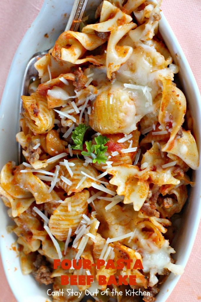 Four-Pasta Beef Bake | Can't Stay Out of the Kitchen | this quick & easy #Italian #pasta entree makes two casseroles. It's great for company or to provide a freezer meal to someone. #beef #groundbeef #cheese #mozzarellacheese #noodles #casserole