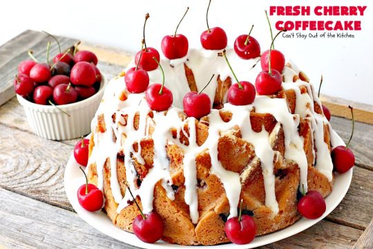 Fresh Cherry Coffeecake | Can't Stay Out of the Kitchen | this heavenly #coffeecake is perfect for #holiday, company or family #breakfasts or for #dessert. It tastes absolutely amazing. #cherries