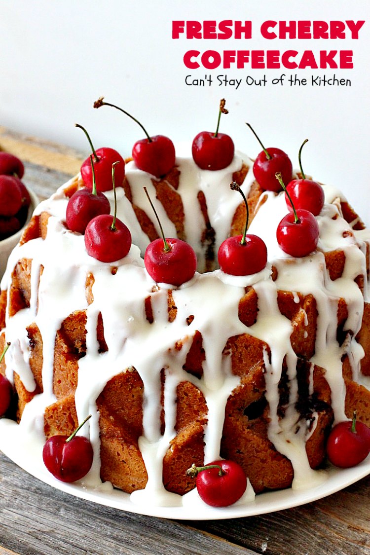 Fresh Cherry Coffeecake | Can't Stay Out of the Kitchen | this heavenly #coffeecake is perfect for #holiday, company or family #breakfasts or for #dessert. It tastes absolutely amazing. #cherries