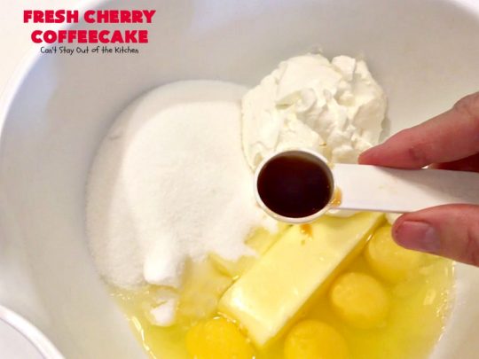Fresh Cherry Coffeecake | Can't Stay Out of the Kitchen | this heavenly #coffeecake is perfect for #holiday, company or family #breakfasts or for #dessert. It tastes absolutely amazing. #cherries