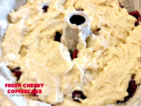 Fresh Cherry Coffeecake | Can't Stay Out of the Kitchen | this heavenly #coffeecake is perfect for #holiday, company or family #breakfasts or for #dessert. It tastes absolutely amazing. #cherries