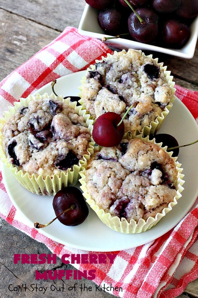 Fresh Cherry Muffins | Can't Stay Out of the Kitchen | these luscious #cherry #muffins are out of this world! They're terrific for a #holiday #breakfast. Every bite will have you drooling! #cherrymuffins #holidaybreakfast