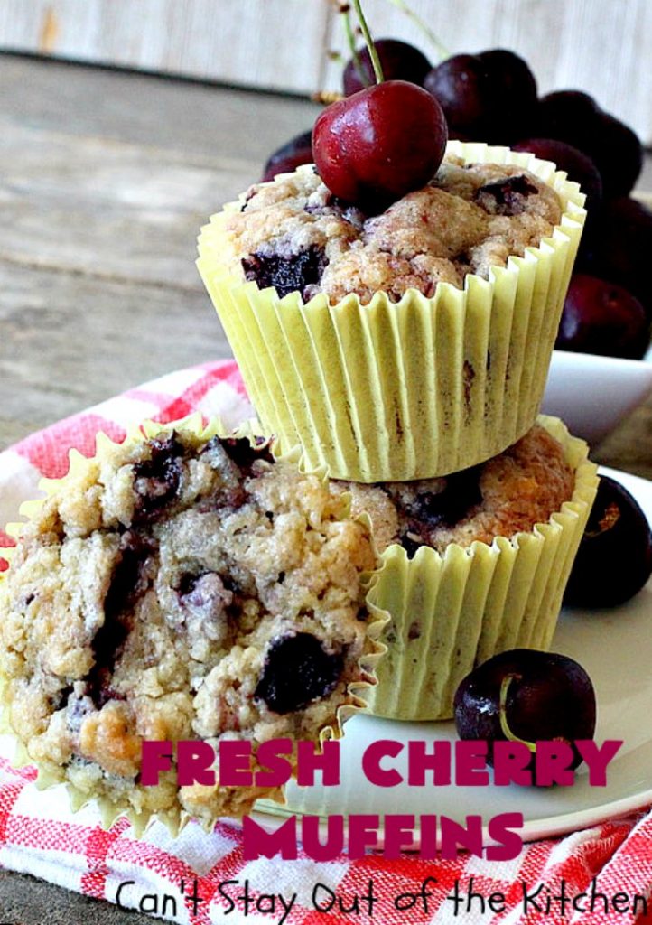 Fresh Cherry Muffins | Can't Stay Out of the Kitchen | these luscious #cherry #muffins are out of this world! They're terrific for a #holiday #breakfast. Every bite will have you drooling! #cherrymuffins #holidaybreakfast