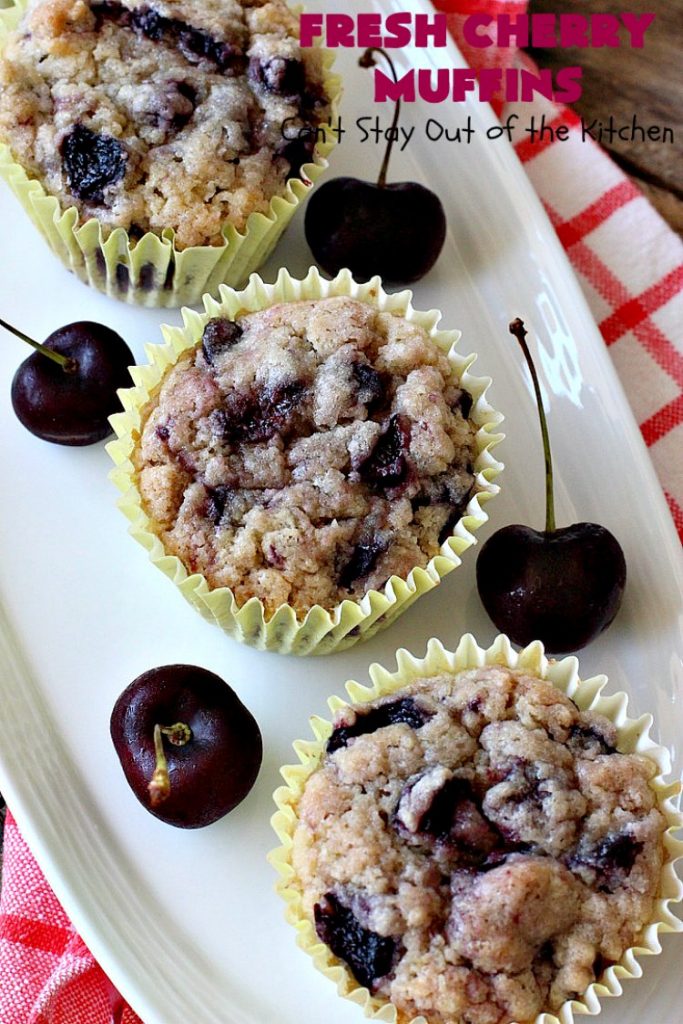 Fresh Cherry Muffins | Can't Stay Out of the Kitchen | these luscious #cherry #muffins are out of this world! They're terrific for a #holiday #breakfast. Every bite will have you drooling! #cherrymuffins #holidaybreakfast
