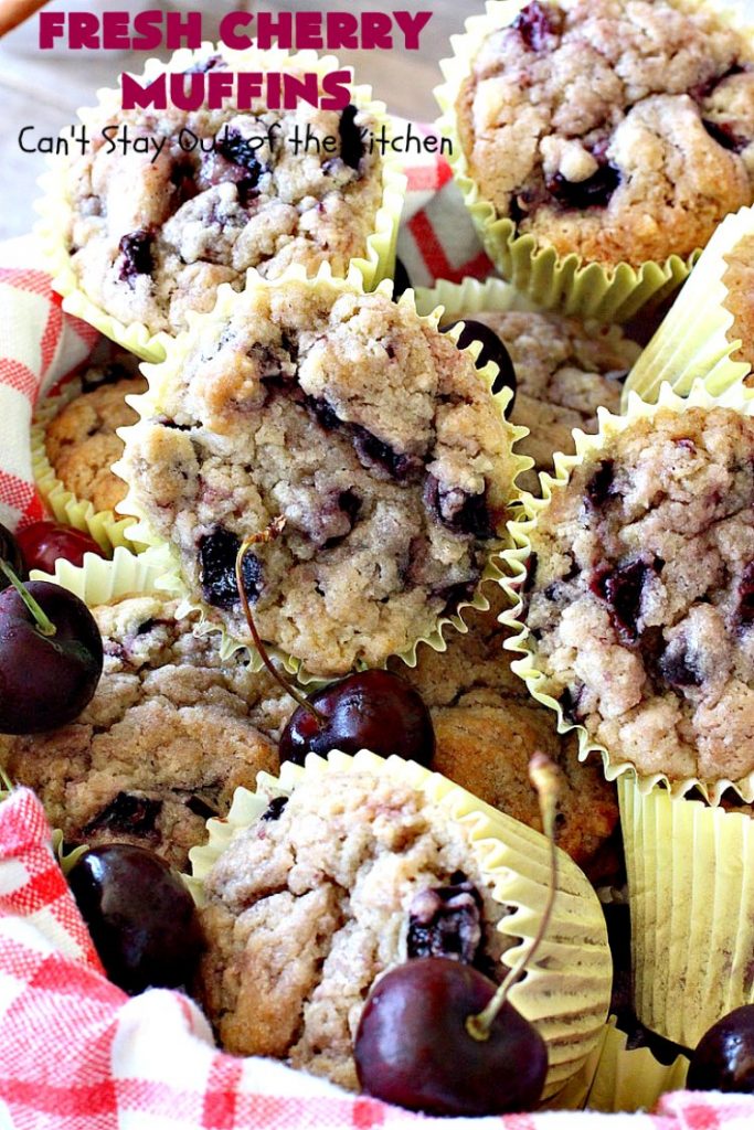 Fresh Cherry Muffins | Can't Stay Out of the Kitchen | these luscious #cherry #muffins are out of this world! They're terrific for a #holiday #breakfast. Every bite will have you drooling! #cherrymuffins #holidaybreakfast