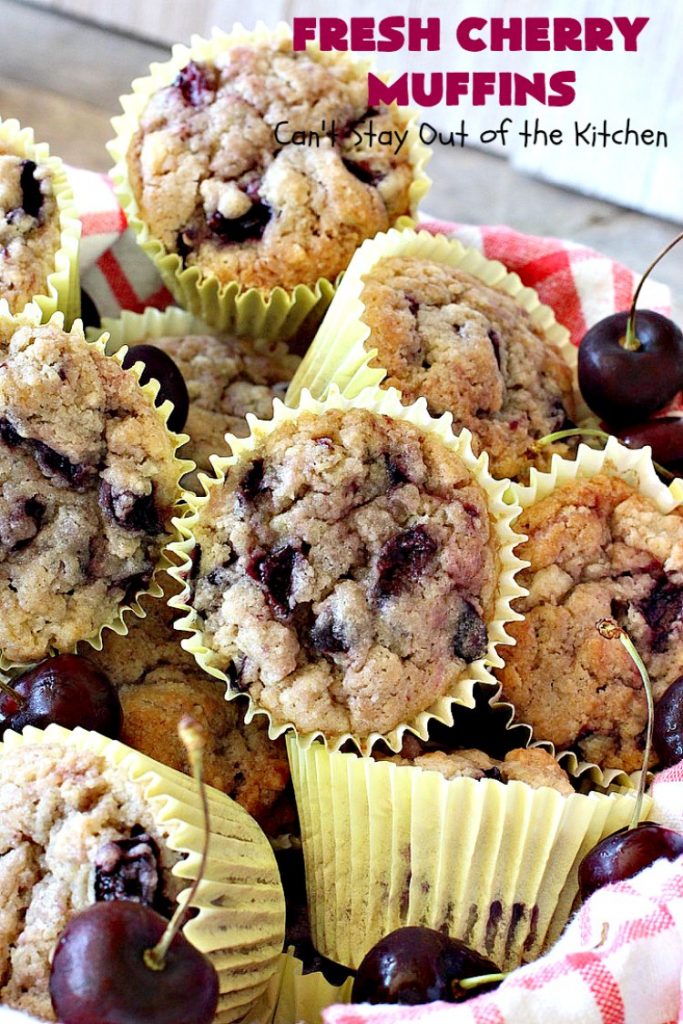Fresh Cherry Muffins | Can't Stay Out of the Kitchen | these luscious #cherry #muffins are out of this world! They're terrific for a #holiday #breakfast. Every bite will have you drooling! #cherrymuffins #holidaybreakfast