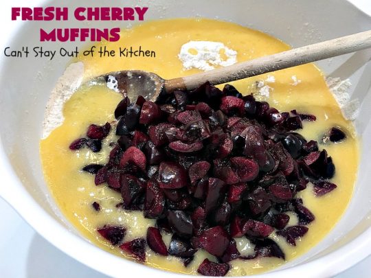 Fresh Cherry Muffins | Can't Stay Out of the Kitchen | these luscious #cherry #muffins are out of this world! They're terrific for a #holiday #breakfast. Every bite will have you drooling! #cherrymuffins #holidaybreakfast