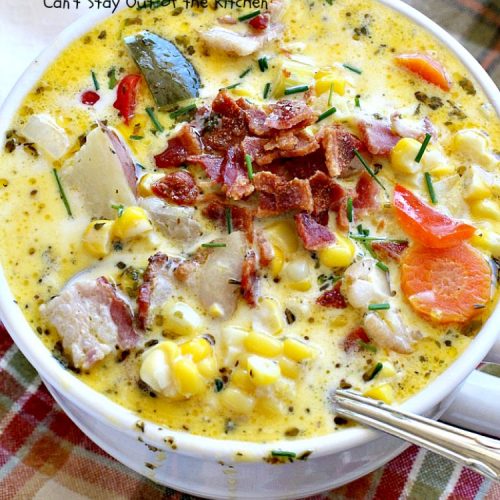 Fresh Corn and Bacon Chowder | Can't Stay Out of the Kitchen | delicious #soup is a great way to use fresh #corn-on-the-cob. It's filled with #veggies, #bacon & herbs & so delicious you'll keep coming back for more! #glutenfree