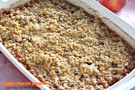 Fresh Peach Crisp | Can't Stay Out of the Kitchen | this amazing #dessert is filled with fresh #peaches & topped with a brown sugar-streusel topping. Recipe is both #glutenfree & #vegan. 