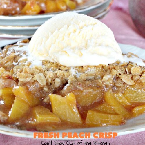 Fresh Peach Crisp | Can't Stay Out of the Kitchen | this amazing #dessert is filled with fresh #peaches & topped with a brown sugar-streusel topping. Recipe is both #glutenfree & #vegan.
