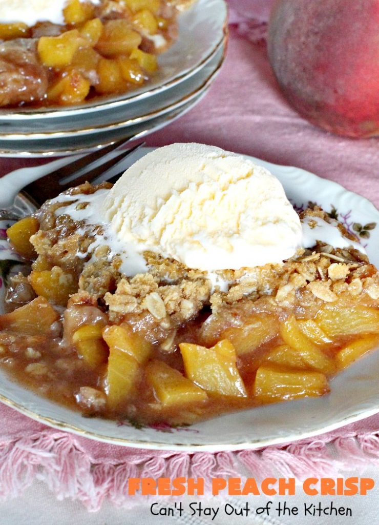 Fresh Peach Crisp | Can't Stay Out of the Kitchen | this amazing #dessert is filled with fresh #peaches & topped with a brown sugar-streusel topping. Recipe is both #glutenfree & #vegan. 