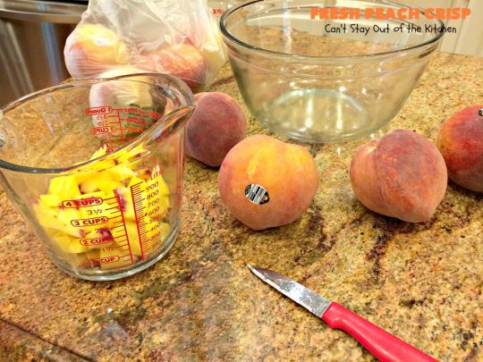 Fresh Peach Crisp | Can't Stay Out of the Kitchen | this amazing #dessert is filled with fresh #peaches & topped with a brown sugar-streusel topping. Recipe is both #glutenfree & #vegan. 
