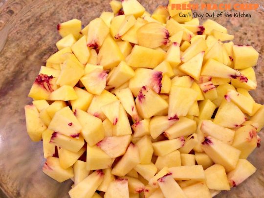 Fresh Peach Crisp | Can't Stay Out of the Kitchen | this amazing #dessert is filled with fresh #peaches & topped with a brown sugar-streusel topping. Recipe is both #glutenfree & #vegan. 