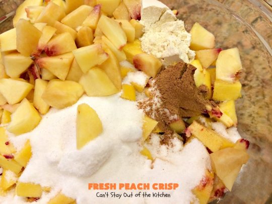 Fresh Peach Crisp | Can't Stay Out of the Kitchen | this amazing #dessert is filled with fresh #peaches & topped with a brown sugar-streusel topping. Recipe is both #glutenfree & #vegan. 