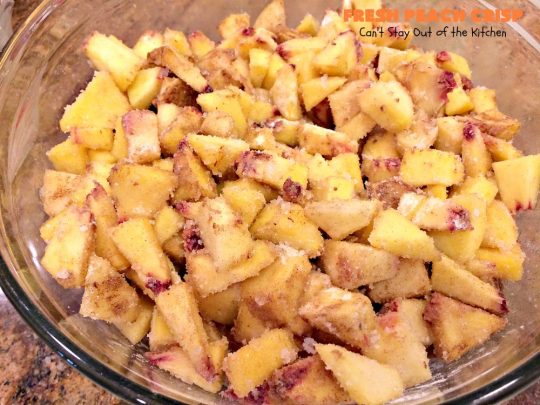 Fresh Peach Crisp | Can't Stay Out of the Kitchen | this amazing #dessert is filled with fresh #peaches & topped with a brown sugar-streusel topping. Recipe is both #glutenfree & #vegan. 