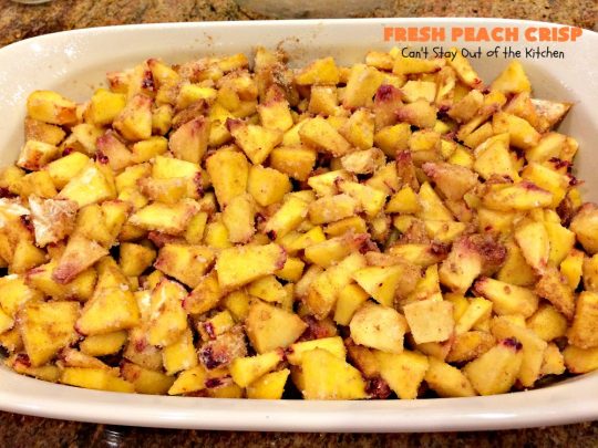 Fresh Peach Crisp | Can't Stay Out of the Kitchen | this amazing #dessert is filled with fresh #peaches & topped with a brown sugar-streusel topping. Recipe is both #glutenfree & #vegan. 