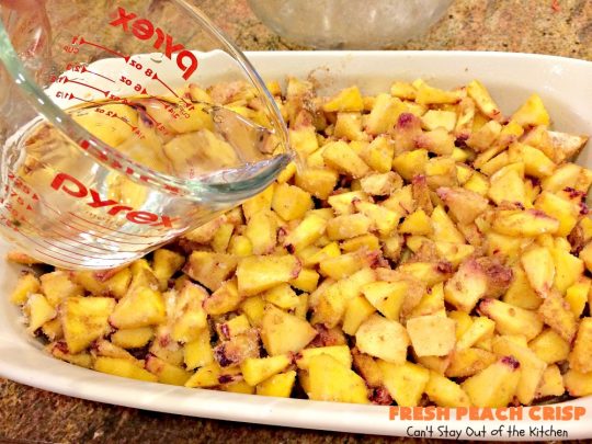 Fresh Peach Crisp | Can't Stay Out of the Kitchen | this amazing #dessert is filled with fresh #peaches & topped with a brown sugar-streusel topping. Recipe is both #glutenfree & #vegan. 