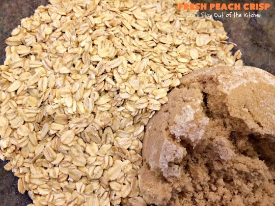 Fresh Peach Crisp | Can't Stay Out of the Kitchen | this amazing #dessert is filled with fresh #peaches & topped with a brown sugar-streusel topping. Recipe is both #glutenfree & #vegan. 
