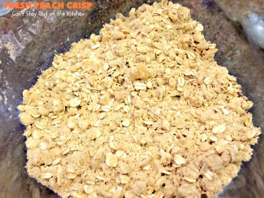 Fresh Peach Crisp | Can't Stay Out of the Kitchen | this amazing #dessert is filled with fresh #peaches & topped with a brown sugar-streusel topping. Recipe is both #glutenfree & #vegan. 