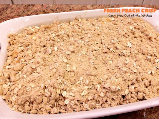 Fresh Peach Crisp | Can't Stay Out of the Kitchen | this amazing #dessert is filled with fresh #peaches & topped with a brown sugar-streusel topping. Recipe is both #glutenfree & #vegan. 
