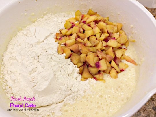 Fresh Peach Pound Cake | Can't Stay Out of the Kitchen | this luscious #poundcake is filled with #peaches and #almondextract and it's super moist because of sour cream. #dessert #cake