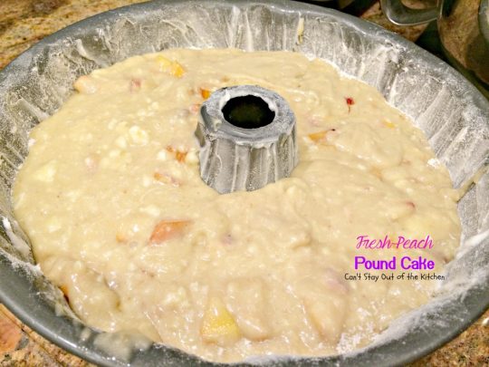 Fresh Peach Pound Cake | Can't Stay Out of the Kitchen | this luscious #poundcake is filled with #peaches and #almondextract and it's super moist because of sour cream. #dessert #cake