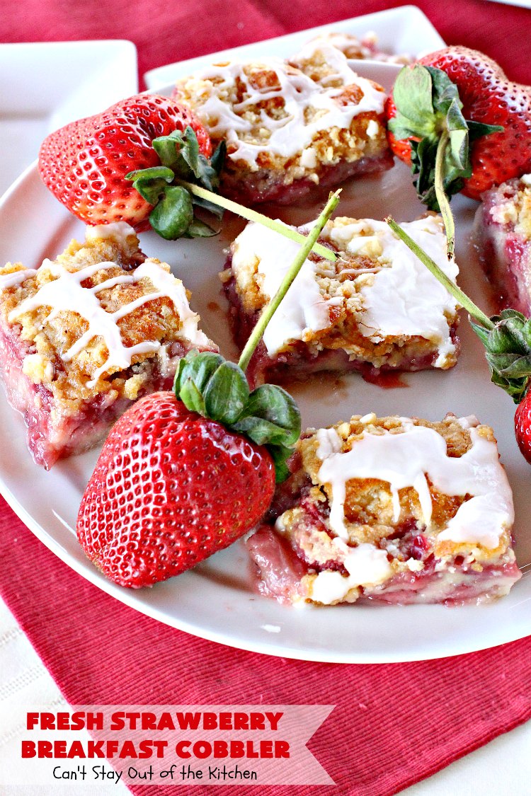 Fresh Strawberry Breakfast Cobbler | Can't Stay Out of the Kitchen | this fantastic #cobbler is more like a #coffeecake. Every bite will have you drooling! It makes a superb #breakfast for the #FourthofJuly or other summer #holidays. #strawberries