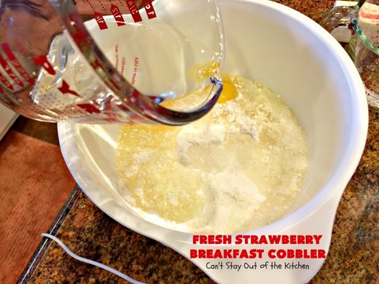 Fresh Strawberry Breakfast Cobbler | Can't Stay Out of the Kitchen | this fantastic #cobbler is more like a #coffeecake. Every bite will have you drooling! It makes a superb #breakfast for the #FourthofJuly or other summer #holidays. #strawberries