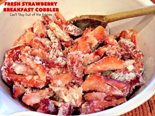 Fresh Strawberry Breakfast Cobbler | Can't Stay Out of the Kitchen | this fantastic #cobbler is more like a #coffeecake. Every bite will have you drooling! It makes a superb #breakfast for the #FourthofJuly or other summer #holidays. #strawberries