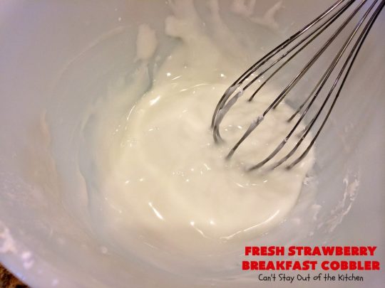 Fresh Strawberry Breakfast Cobbler | Can't Stay Out of the Kitchen | this fantastic #cobbler is more like a #coffeecake. Every bite will have you drooling! It makes a superb #breakfast for the #FourthofJuly or other summer #holidays. #strawberries