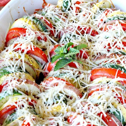 Fresh Summer Veggie Bake | Can't Stay Out of the Kitchen | this delicious #vegetable Tian is incredibly tasty & easy to make. It's also healthy, low calorie & #glutenfree. #zucchini #tomatoes #parmesancheese