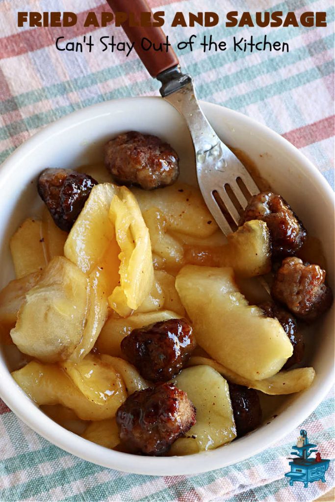 Fried Apples and Sausage | Can't Stay Out of the Kitchen | This delightful #breakfast entree uses only 4 ingredients. It's so easy to whip up & everyone enjoys the miniature #sausage balls. This #recipe makes its own syrup while cooking. Delicious for a weekend, company or #holiday breakfast. #pork #GlutenFree #HolidayBreakfast #FriedApplesAndSausage