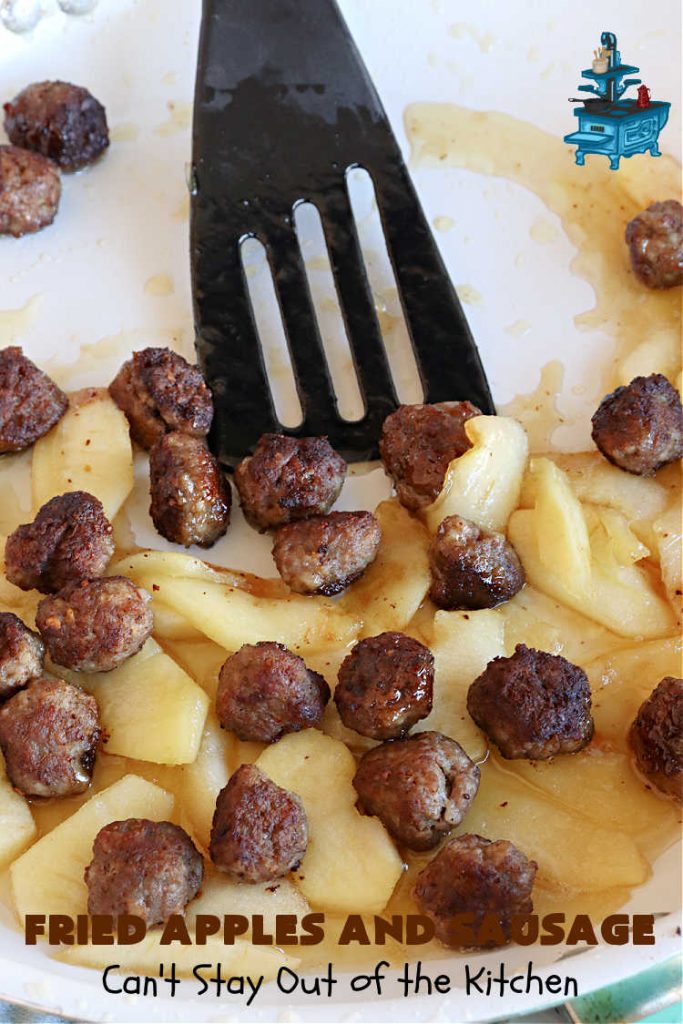 Fried Apples and Sausage | Can't Stay Out of the Kitchen | This delightful #breakfast entree uses only 4 ingredients. It's so easy to whip up & everyone enjoys the miniature #sausage balls. This #recipe makes its own syrup while cooking. Delicious for a weekend, company or #holiday breakfast. #pork #GlutenFree #HolidayBreakfast #FriedApplesAndSausage