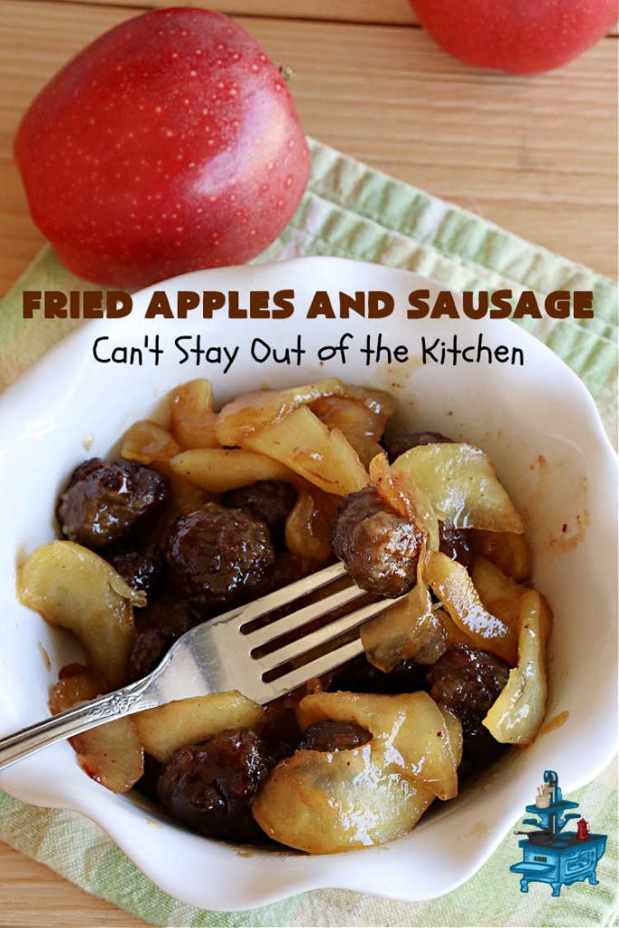 Fried Apples and Sausage | Can't Stay Out of the Kitchen | This delightful #breakfast entree uses only 4 ingredients. It's so easy to whip up & everyone enjoys the miniature #sausage balls. This #recipe makes its own syrup while cooking. Delicious for a weekend, company or #holiday breakfast. #pork #GlutenFree #HolidayBreakfast #FriedApplesAndSausage