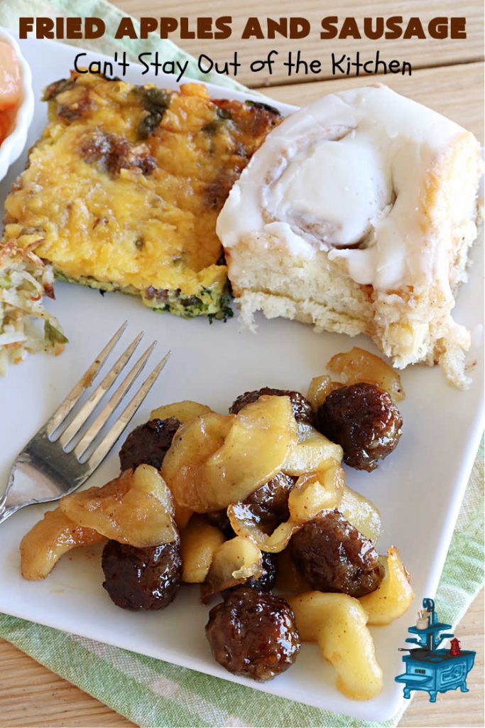 Fried Apples and Sausage | Can't Stay Out of the Kitchen | This delightful #breakfast entree uses only 4 ingredients. It's so easy to whip up & everyone enjoys the miniature #sausage balls. This #recipe makes its own syrup while cooking. Delicious for a weekend, company or #holiday breakfast. #pork #GlutenFree #HolidayBreakfast #FriedApplesAndSausage