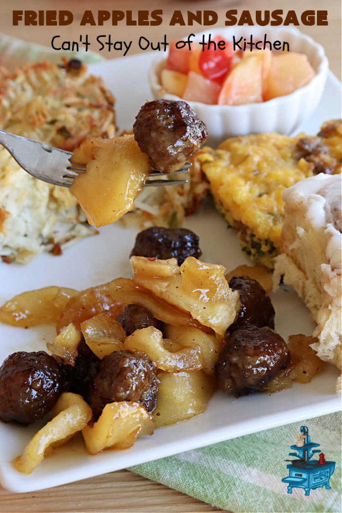 Fried Apples and Sausage | Can't Stay Out of the Kitchen | This delightful #breakfast entree uses only 4 ingredients. It's so easy to whip up & everyone enjoys the miniature #sausage balls. This #recipe makes its own syrup while cooking. Delicious for a weekend, company or #holiday breakfast. #pork #GlutenFree #HolidayBreakfast #FriedApplesAndSausage