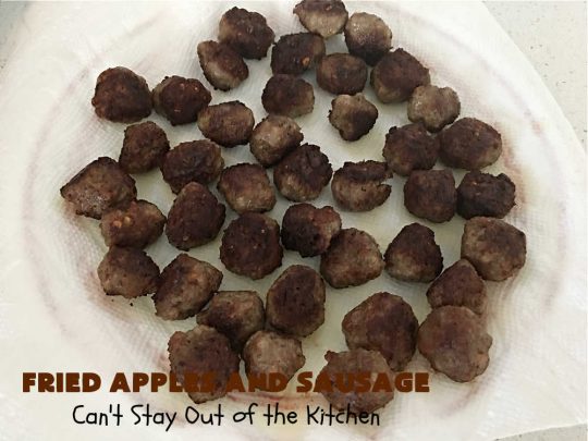 Fried Apples and Sausage | Can't Stay Out of the Kitchen | This delightful #breakfast entree uses only 4 ingredients. It's so easy to whip up & everyone enjoys the miniature #sausage balls. This #recipe makes its own syrup while cooking. Delicious for a weekend, company or #holiday breakfast. #pork #GlutenFree #HolidayBreakfast #FriedApplesAndSausageFried Apples and Sausage | Can't Stay Out of the Kitchen | This delightful #breakfast entree uses only 4 ingredients. It's so easy to whip up & everyone enjoys the miniature #sausage balls. This #recipe makes its own syrup while cooking. Delicious for a weekend, company or #holiday breakfast. #pork #GlutenFree #HolidayBreakfast #FriedApplesAndSausage