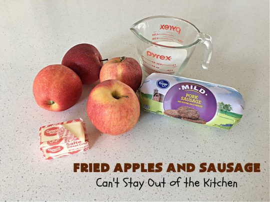 Fried Apples and Sausage | Can't Stay Out of the Kitchen | This delightful #breakfast entree uses only 4 ingredients. It's so easy to whip up & everyone enjoys the miniature #sausage balls. This #recipe makes its own syrup while cooking. Delicious for a weekend, company or #holiday breakfast. #pork #GlutenFree #HolidayBreakfast #FriedApplesAndSausage