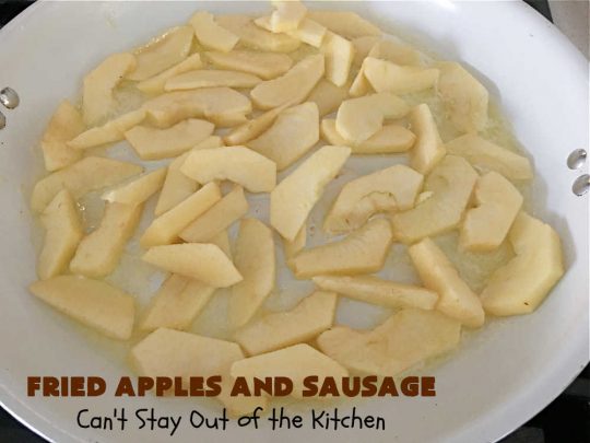 Fried Apples and Sausage | Can't Stay Out of the Kitchen | This delightful #breakfast entree uses only 4 ingredients. It's so easy to whip up & everyone enjoys the miniature #sausage balls. This #recipe makes its own syrup while cooking. Delicious for a weekend, company or #holiday breakfast. #pork #GlutenFree #HolidayBreakfast #FriedApplesAndSausage