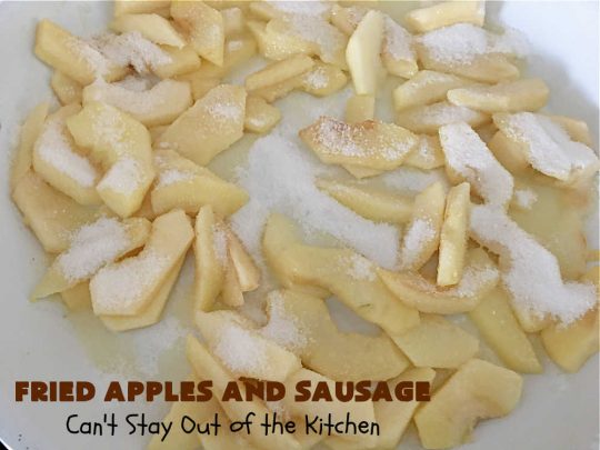 Fried Apples and Sausage | Can't Stay Out of the Kitchen | This delightful #breakfast entree uses only 4 ingredients. It's so easy to whip up & everyone enjoys the miniature #sausage balls. This #recipe makes its own syrup while cooking. Delicious for a weekend, company or #holiday breakfast. #pork #GlutenFree #HolidayBreakfast #FriedApplesAndSausage