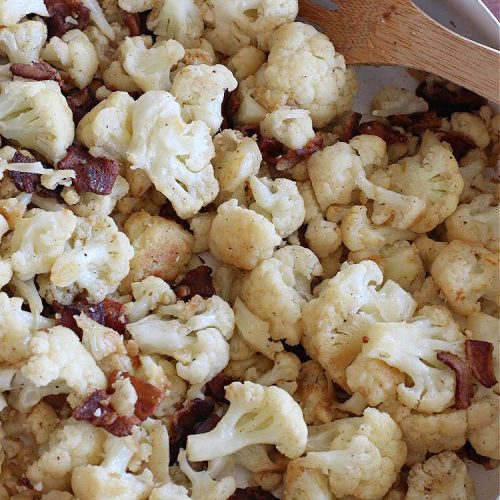 Fried Cauliflower with Bacon | Can't Stay Out of the Kitchen | this quick & easy 4-ingredient #recipe is a great #SideDish for family, company or even #holiday dinners. It tastes amazing & pairs wonderfully with just about any entree. This #GlutenFree dish is a great way to get your kids to eat their #veggies! #bacon #pork #cauliflower #TonysCreoleSeasoning #FriedCauliflowerWithBacon