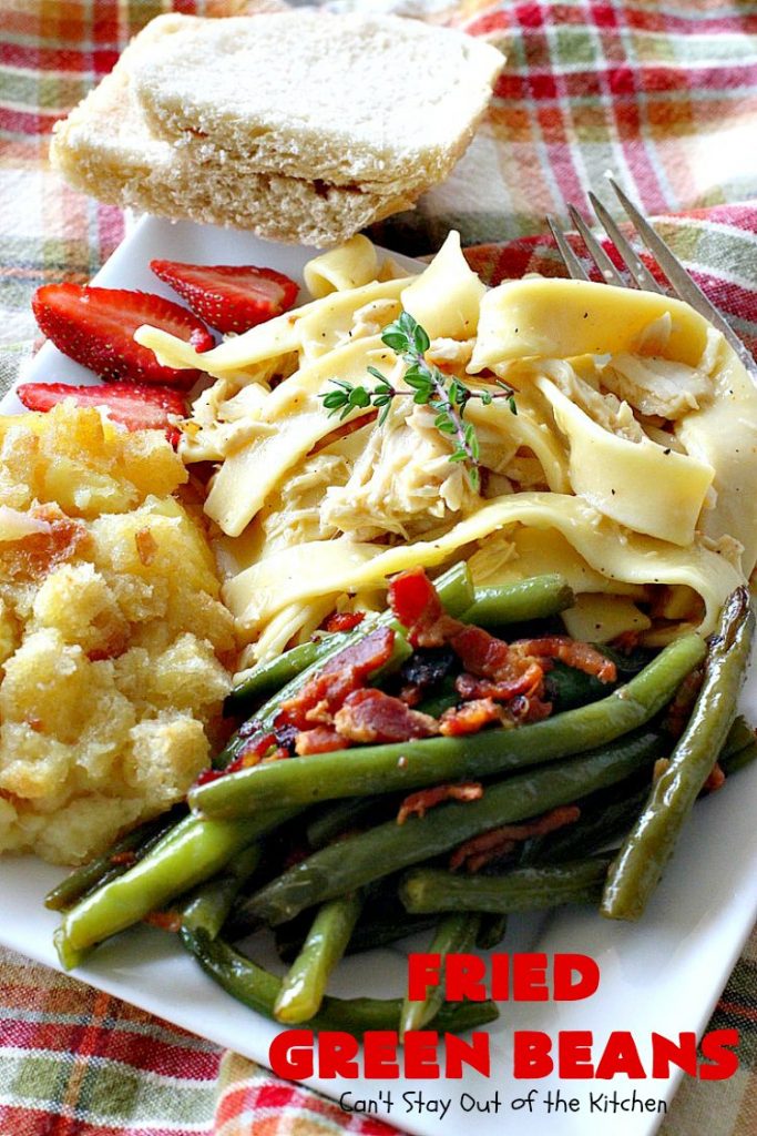 Fried Green Beans | Can't Stay Out of the Kitchen | easy 4-ingredient recipe for #greenbeans that will knock your socks off! This #southern-style side dish is absolutely irresistible. #bacon #glutenfree